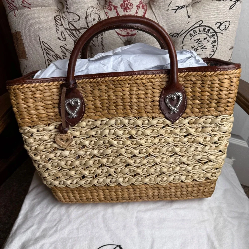 Brighton Straw Tote Bag Woven Heart Leather Trim Leopard Lining Brown Cream